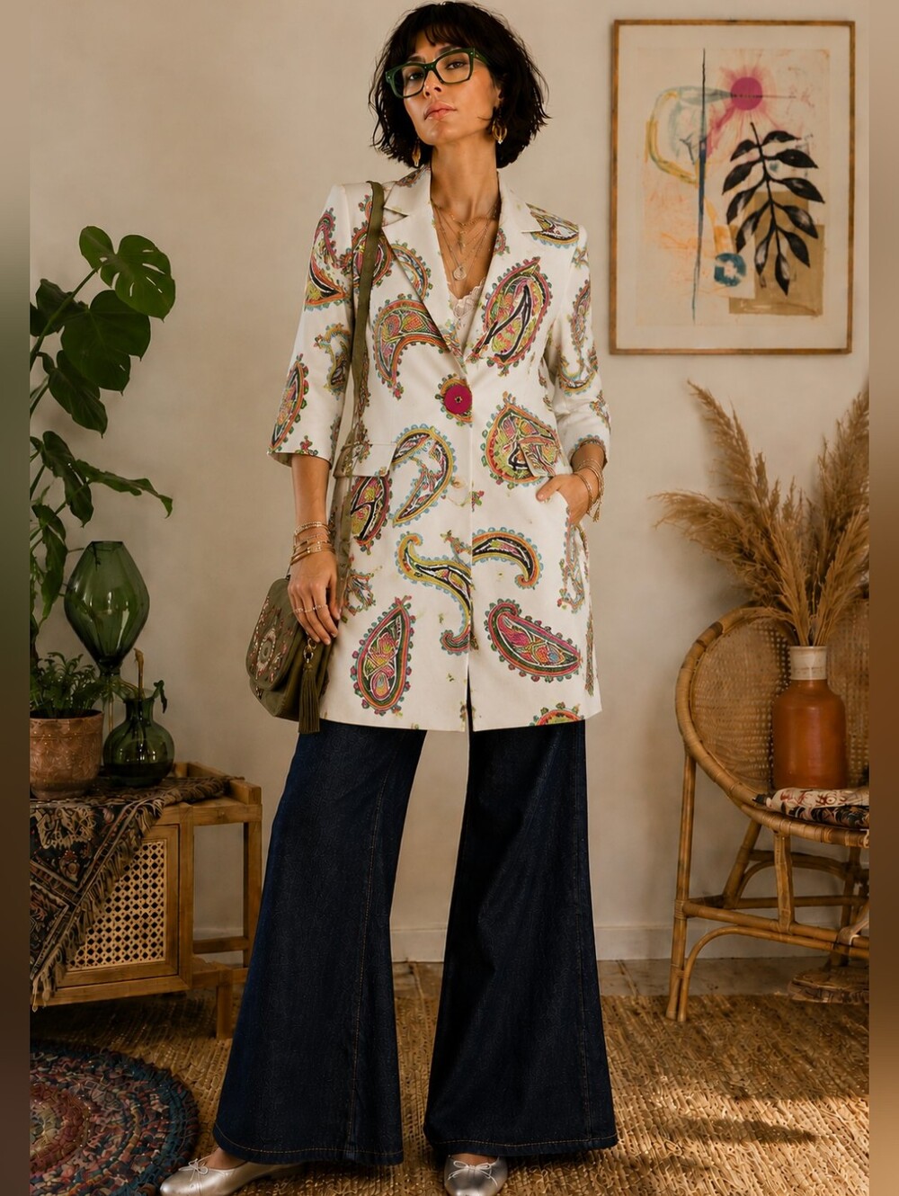 Paisley White Jacket Women Medium Colorful Boho Retro Statement‎ Blazer